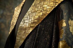 Golden textured fabric on a garment with geometric pattern photo