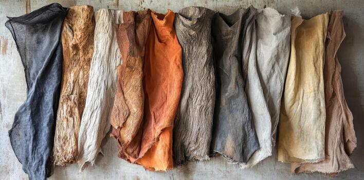 A collection of diverse naturally dyed fabrics are displayed nicely photo