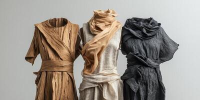 Three stylized dresses on mannequins in different shades photo