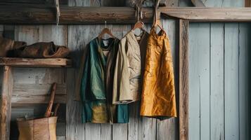 Three vintage outfits hang on wooden hangers inside a building photo
