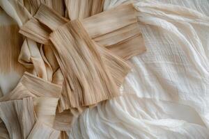 Neutral colored fabrics and natural materials are arranged artistically photo