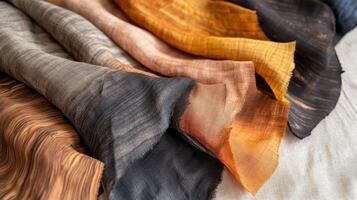 Variety of colored textured fabrics cascading on a light surface photo