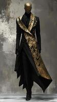 Mannequin dressed in black attire with golden patterned sash photo