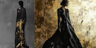 Two elegant women pose in stylish black gowns and backgrounds photo
