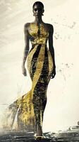 Elegant woman showcases a striking gold and black patterned gown photo