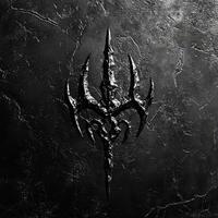 Dark ornate trident symbol against textured black stone surface photo