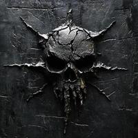 Metallic skull sculpture embedded into dark textured stone surface photo