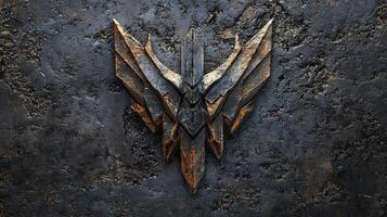 Embossed metal winged emblem with a dark aged texture photo