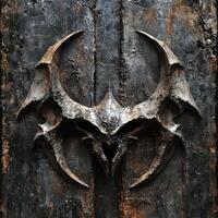 Ornate metal emblem of a demonic face affixed to wood photo