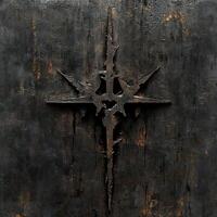 Intricate dark metal cross design on a textured background photo