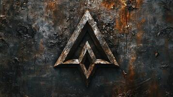 Weathered triangular emblem set against a corroded textured background photo