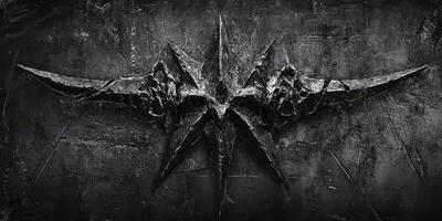 Dark and foreboding emblem carved into a textured stone surface photo