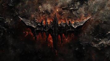 Dark fortress silhouette against fiery and rocky textured background photo