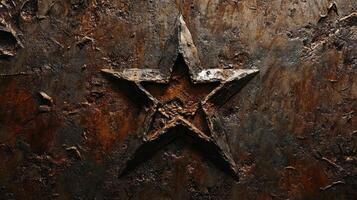 A rusty five pointed star emerges from textured brown surface photo