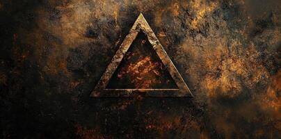 Abstract golden triangle against a textured dark fiery background photo