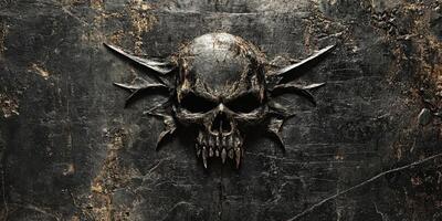 Grim skull with wing like protrusions is carved in stone photo