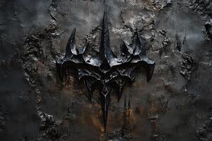 Intricate dark metal emblem against textured black background photo