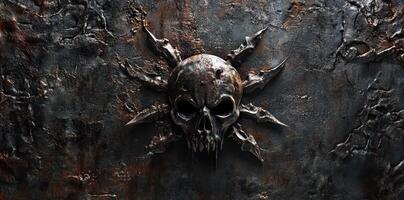 Skull with bone blades against a textured stone background photo