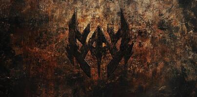 Dark symbol etched onto a weathered and distressed surface photo