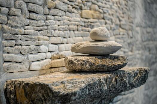Stacked stones balance on a stone ledge in front of wall photo
