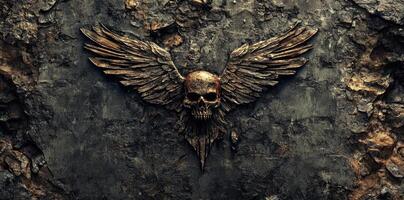 Skull with spread wings carved into a stone wall photo