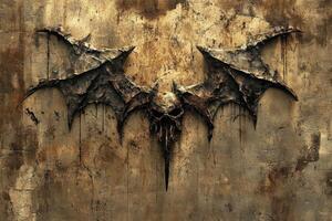 Dark ominous bat skull symbol carved into an ancient wall photo
