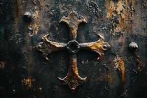 Ornate golden cross affixed to a weathered and textured metal photo