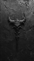 Carved demonic emblem embedded within dark rough textured surface photo