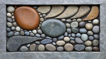 Framed stone art with smooth polished multicolored river stones photo
