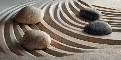 Serene zen garden with rocks and raked sand pattern photo