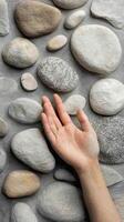 Hand rests on an arrangement of smooth gray river stones photo