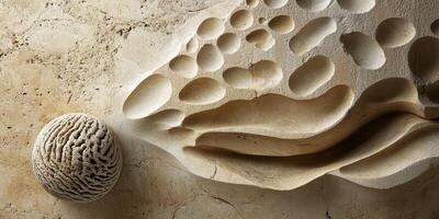 Abstract textured stone features a sphere and smooth indentations photo