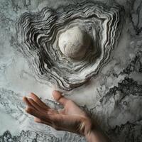 Hand reaches toward sphere within layered rock formation art piece photo