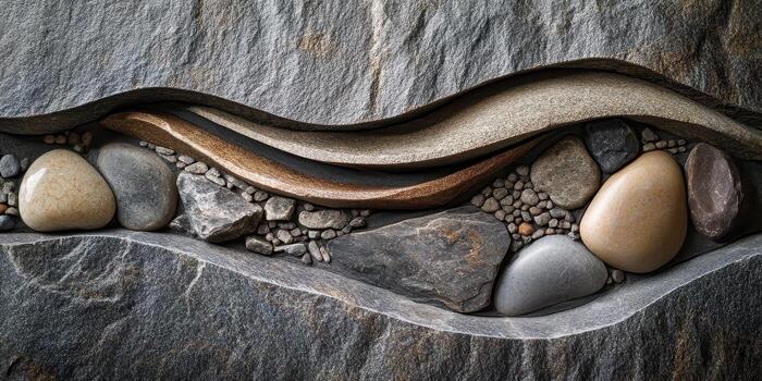 Composition of stacked stone layers with pebbles and smooth stones photo