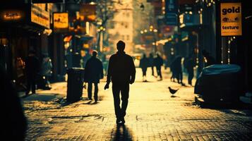 Silhouette of a man walking down a sunlit street photo
