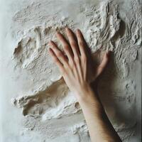 A human hand rests upon a topographic relief map photo
