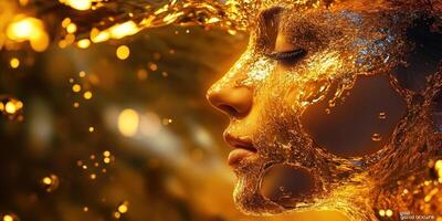 Woman s profile with golden shimmering liquid on face and body photo