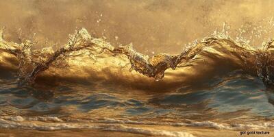Splashing golden ocean wave illuminated by bright sunlight photo