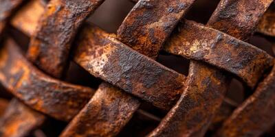 Woven rusted metal strips create an abstract textural pattern photo