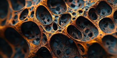 Macro image depicts an organic textured pattern with many holes photo