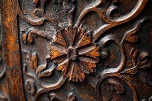 Ornate metalwork features a flower motif with rust texture photo