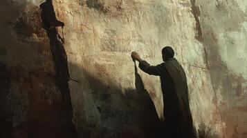 Man etches faded inscription into a rock face under sunlight photo
