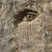 Eye carved into weathered stone with textured patterns nearby photo