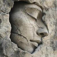 Carved stone face with eyes closed emerging from rock photo