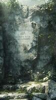 Weathered stone wall covered in vegetation with an engraved inscription photo