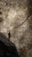 Man stands by rock wall with ancient markings photo