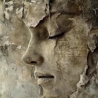 Sculpted face with closed eye merging into crumbling wall photo