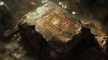 Ancient stone block engraved with mystical symbols rests among ruins photo