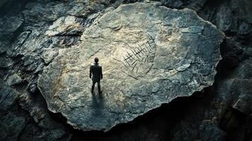 Man stands observing ancient carvings on a large stone photo