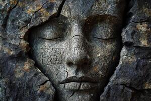 Stone carved face with closed eyes emerging from rock photo